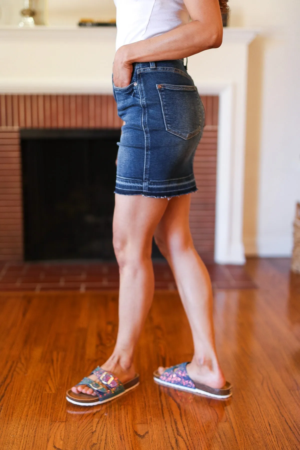 Judy Blue Dark Blue High Waist Release Hem Skirt sold by Charming Charlie product image thumbnail 4