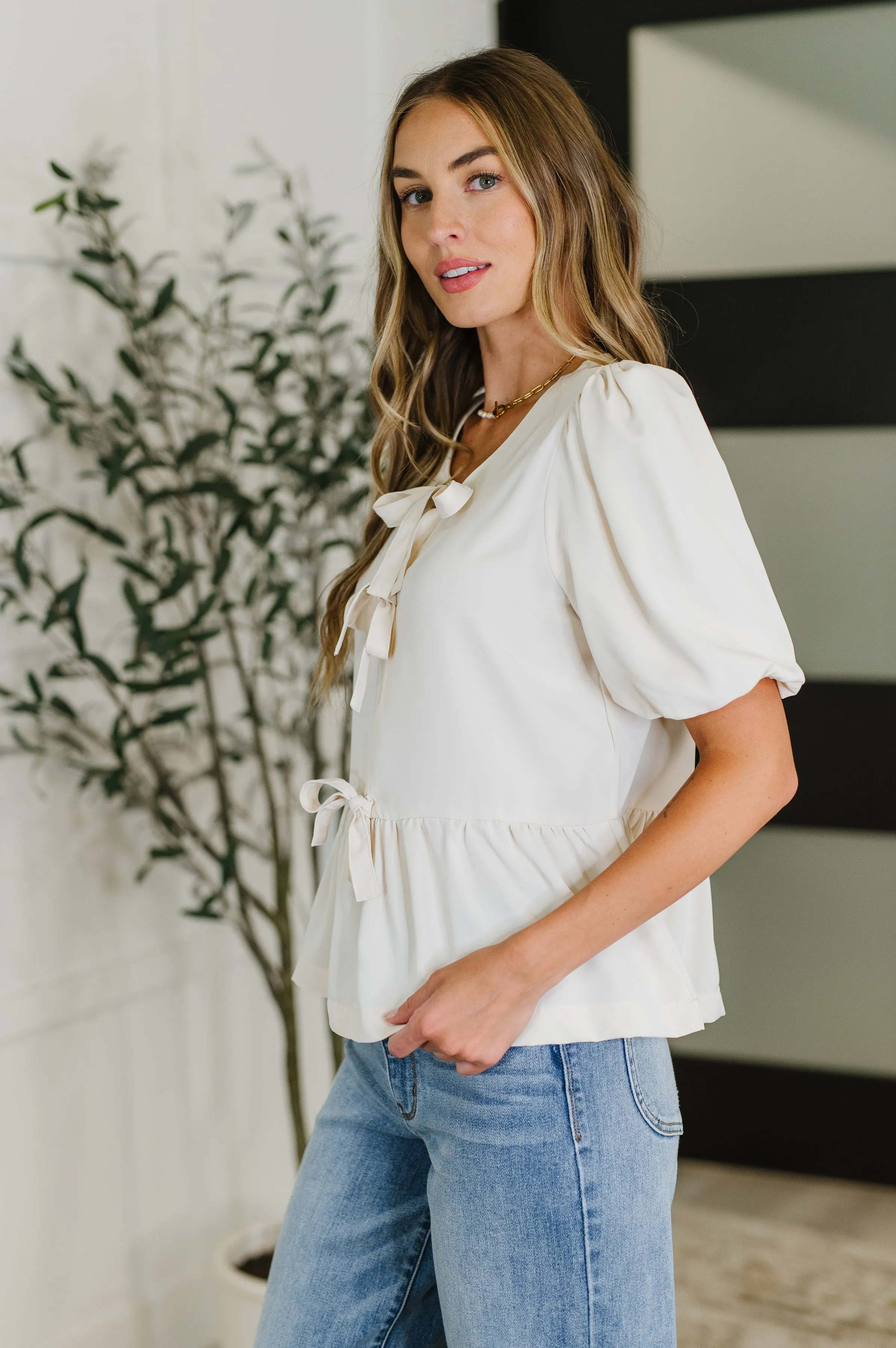 PREORDER: Balloon Sleeve Bow Blouse in Ivory sold by Charming Charlie product image thumbnail 3