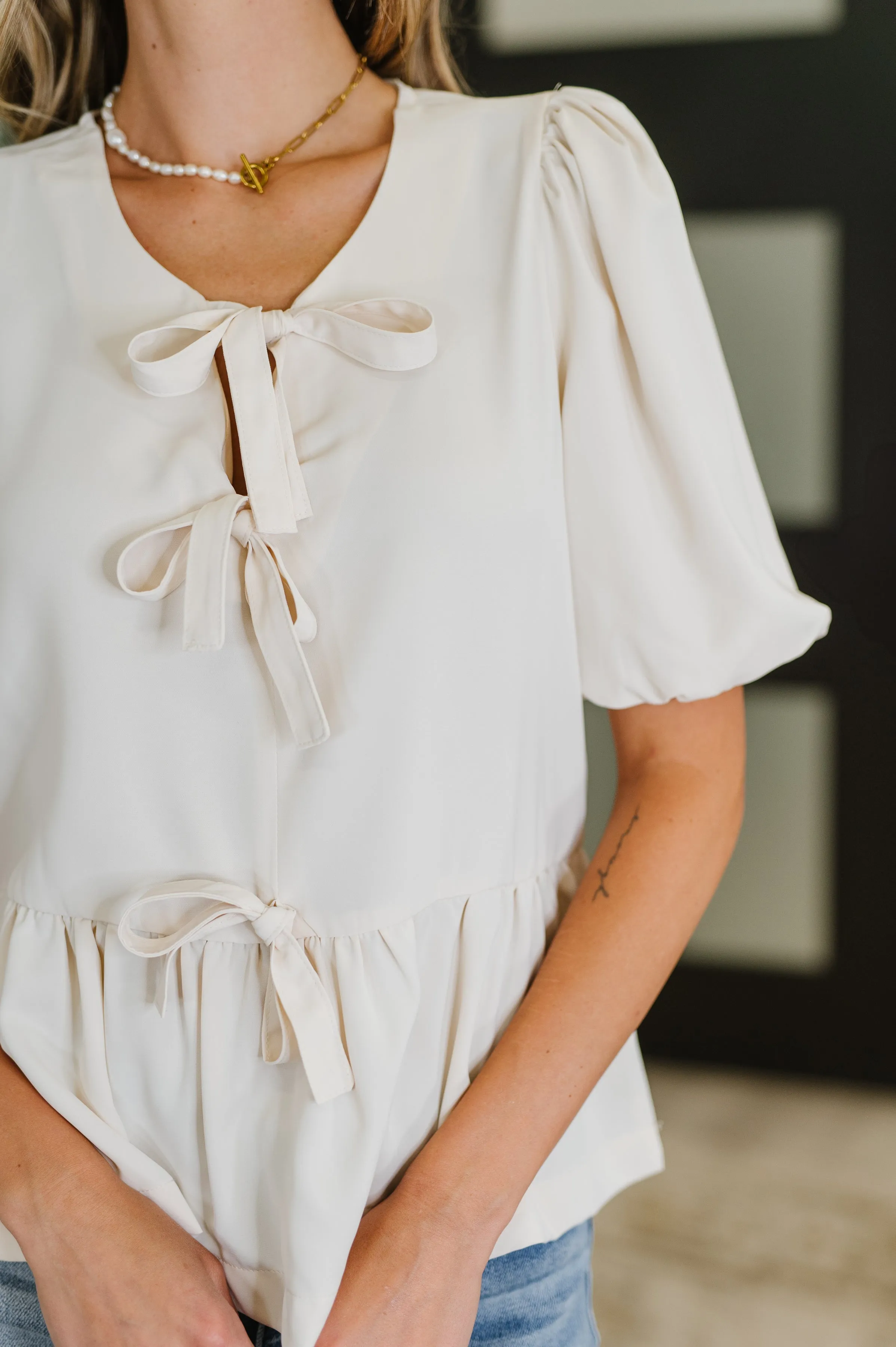 PREORDER: Balloon Sleeve Bow Blouse in Ivory sold by Charming Charlie product image thumbnail 2