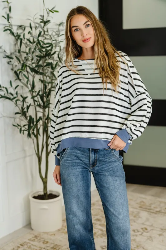 Cute in Comfort Crew Neck Pullover in White, Black and Denim sold by Charming Charlie