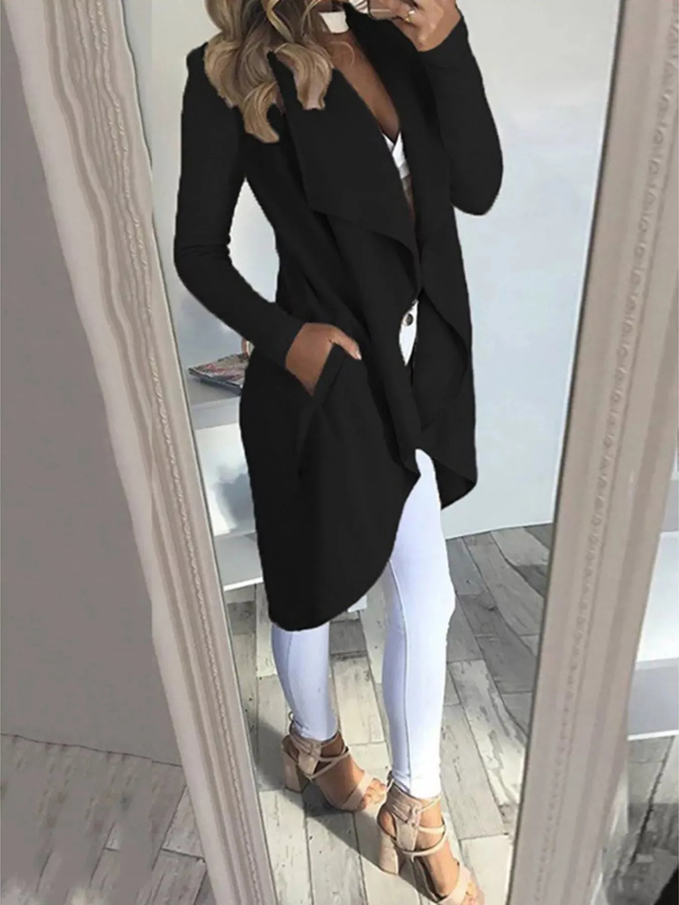 Full Size Lapel Collar Long Sleeve Coat Plus Size sold by Charming Charlie product image thumbnail 4