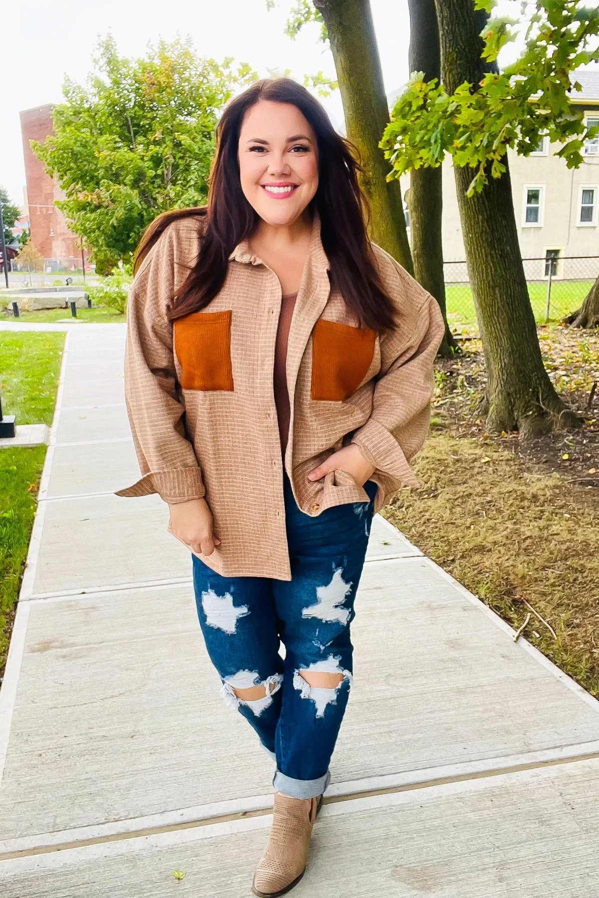 Start Your Day Rust Flannel Plaid Oversized Shacket sold by Charming Charlie product image thumbnail 4
