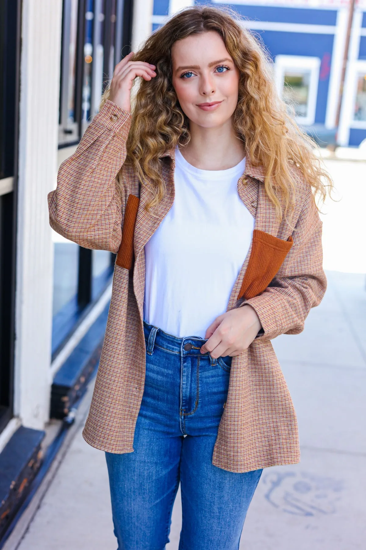 Start Your Day Rust Flannel Plaid Oversized Shacket sold by Charming Charlie product image thumbnail 5