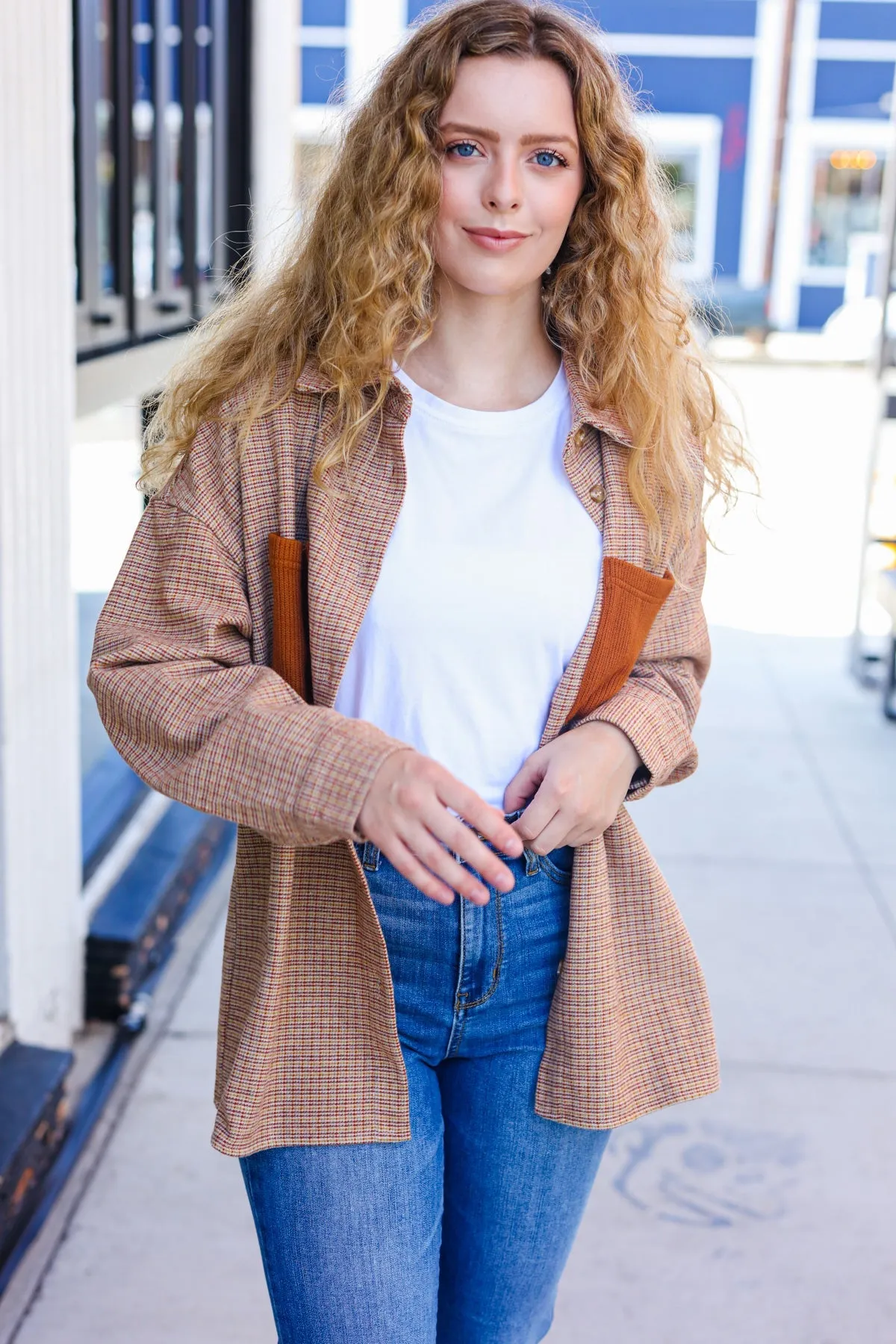 Start Your Day Rust Flannel Plaid Oversized Shacket sold by Charming Charlie product image thumbnail 2