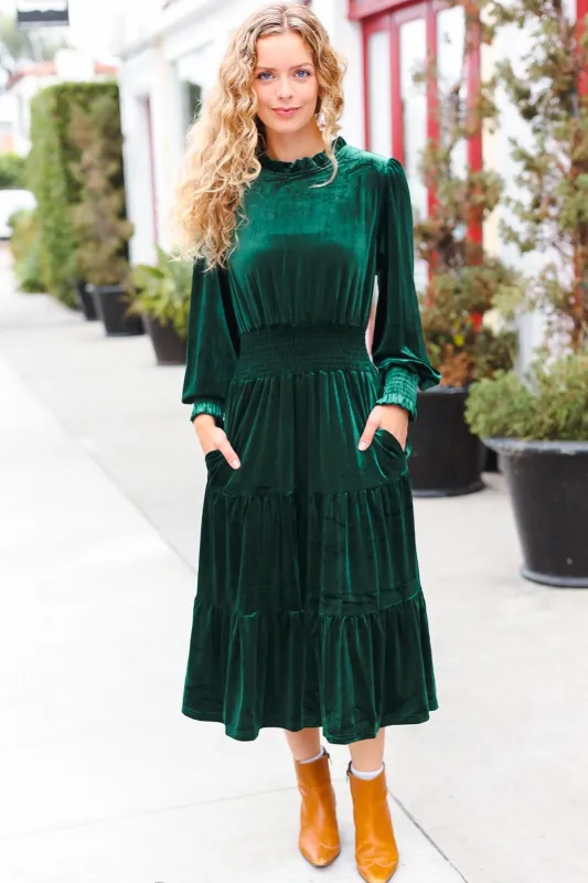 Holiday Dreaming Hunter Green Velvet Mock Neck Smocked Waist Dress sold by Charming Charlie