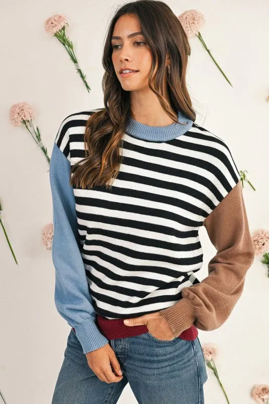 Striped Colorblock Patchwork Long Sleeve Sweater sold by Charming Charlie