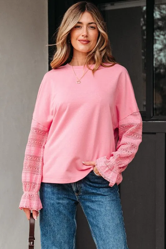 Brielle Lace Ruffled Sleeve Patchwork Loose Sweats sold by Charming Charlie