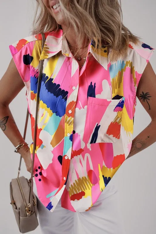 Multicolour Print Collared Cap Sleeve Casual Shirt sold by Charming Charlie