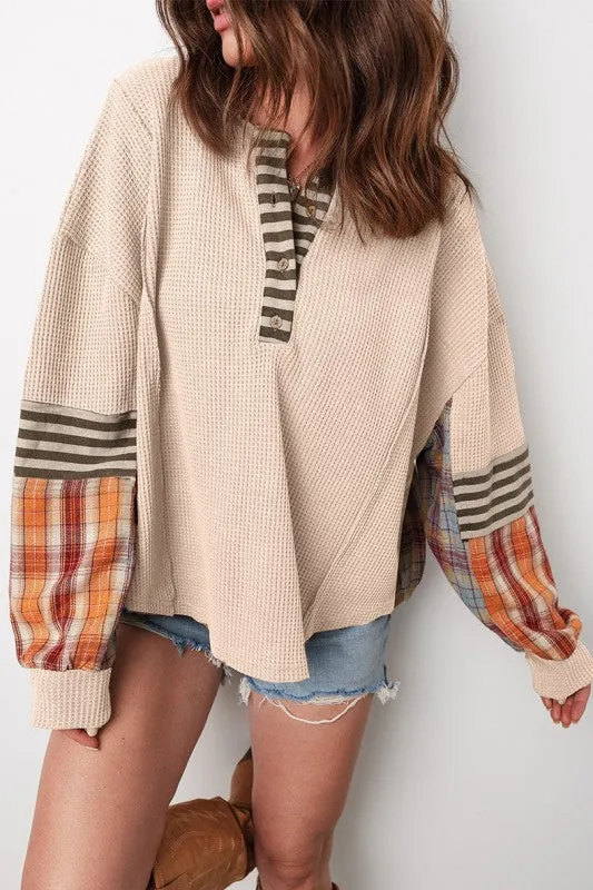 Stripe Plaid Patchwork Henley Knit Sweatshirts sold by Charming Charlie