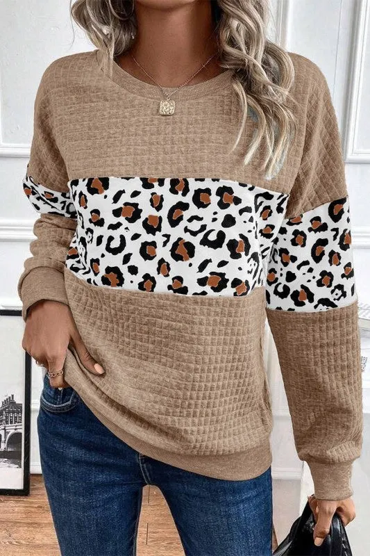 Leopard Quilted Patchwork Crew Neck Sweatshirt sold by Charming Charlie