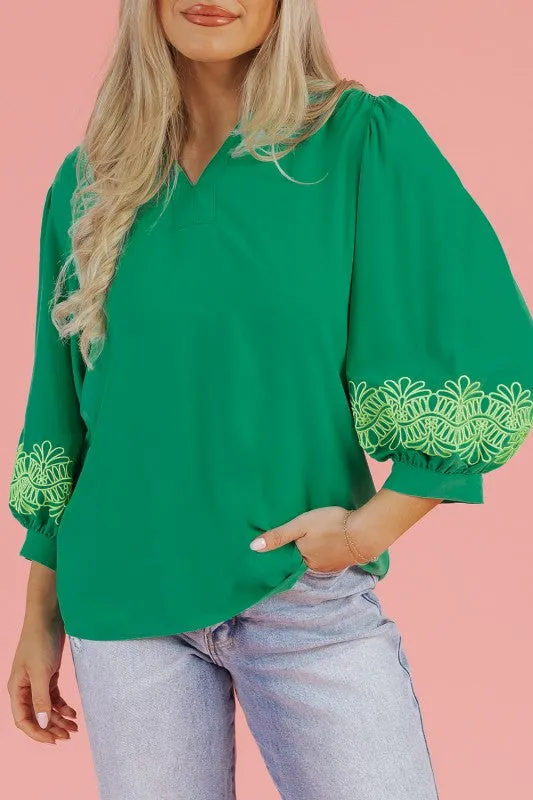Green 3/4 Sleeve Notched V Neck Elegant Blouse sold by Charming Charlie product image thumbnail 2
