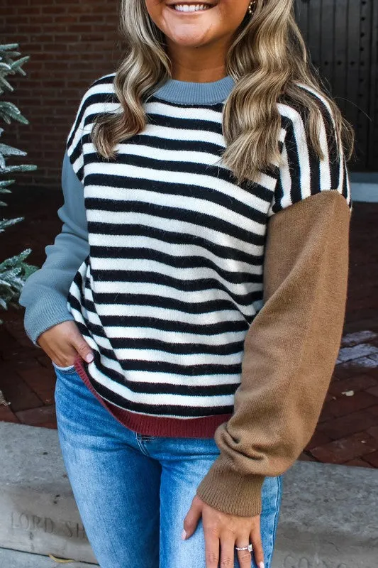 Color black Striped Colorblock Sleeve Chic Sweater sold by Charming Charlie