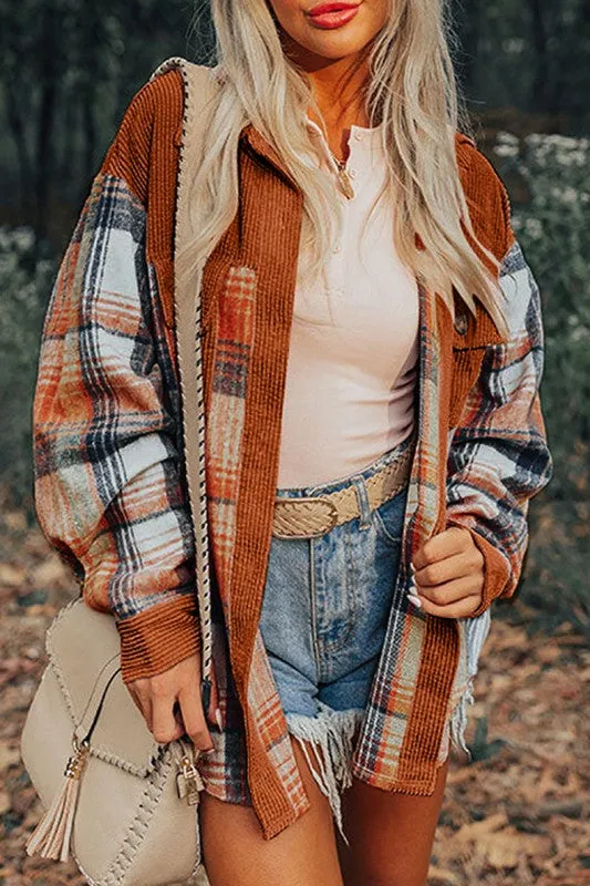Plaid Corduroy Patchwork Chest Pocket Shacket sold by Charming Charlie