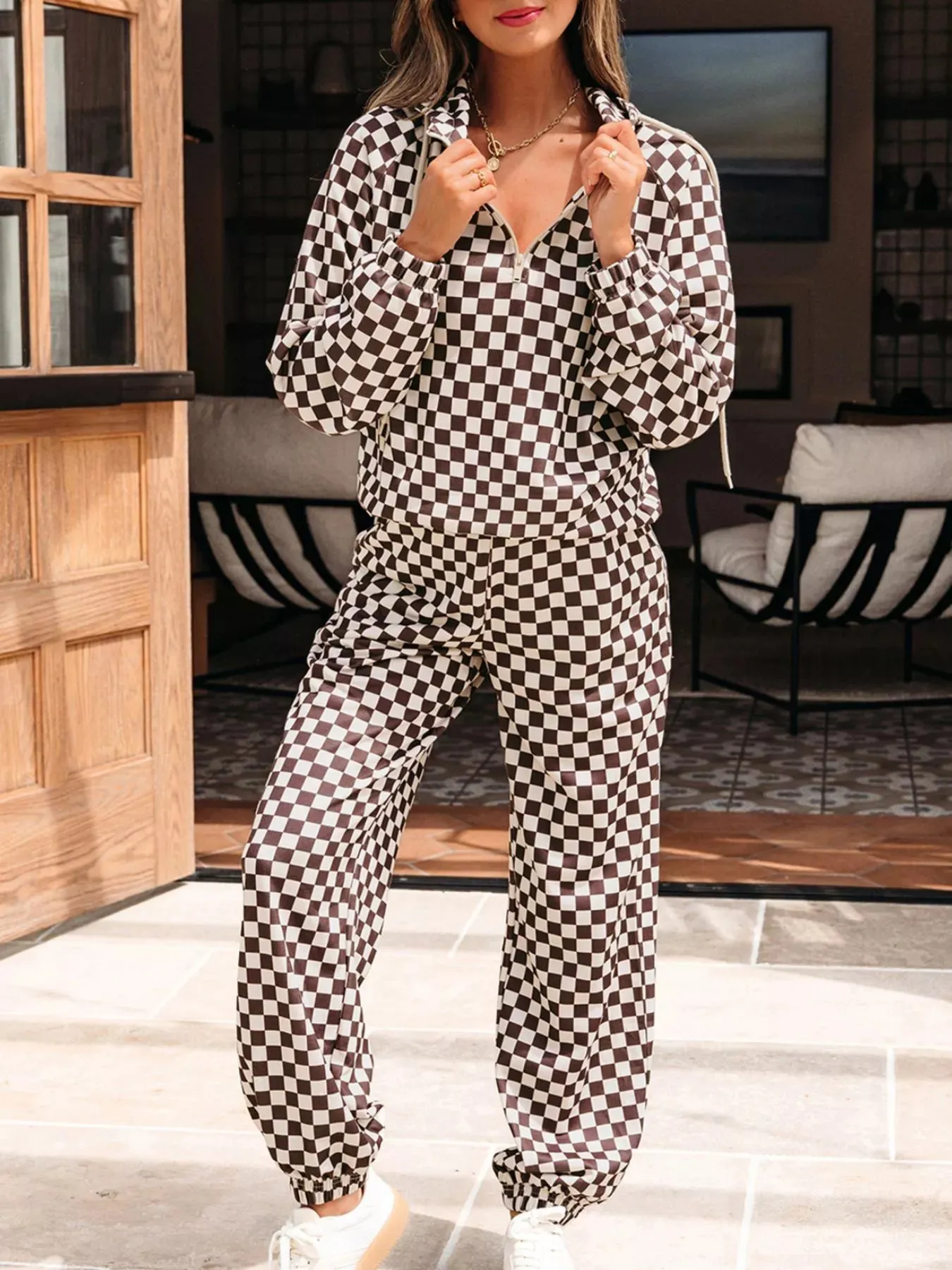 Checkered Drawstring Hoodie and Pants Set sold by Charming Charlie product image thumbnail 4
