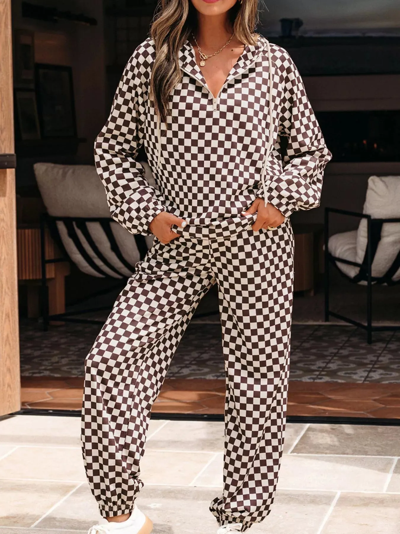 Checkered Drawstring Hoodie and Pants Set sold by Charming Charlie