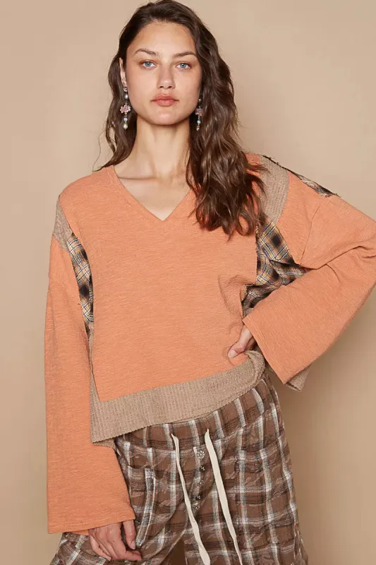 POL V-Neck Long Sleeve Plaid Contrast Top with Texture Knit Detail sold by Charming Charlie