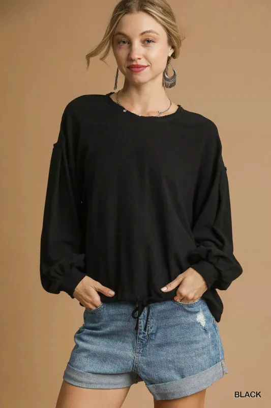 Umgee Full Size Linen Long Sleeve Top with Drawstring Plus Size sold by Charming Charlie