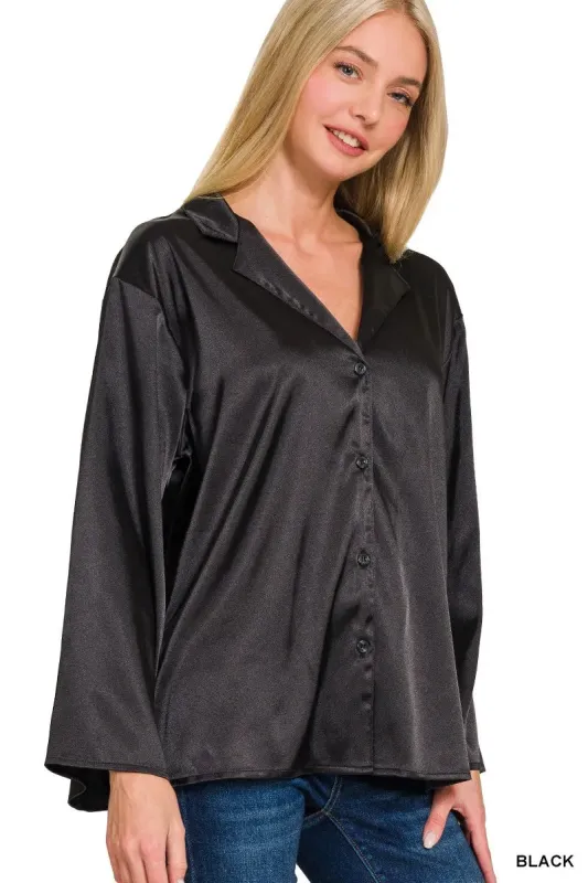 Zenana Satin Button Down Shirt sold by Charming Charlie