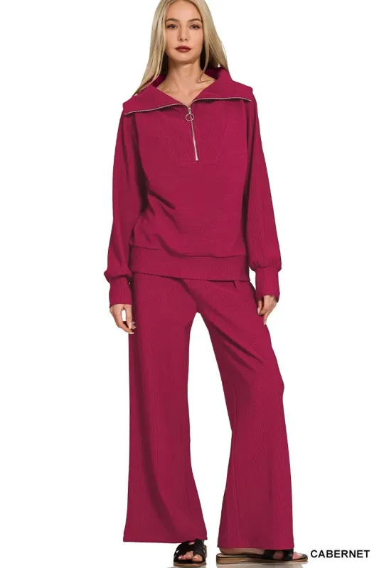 Zenana Ribbed High Neck Half Zip Pullover & Pants Set sold by Charming Charlie