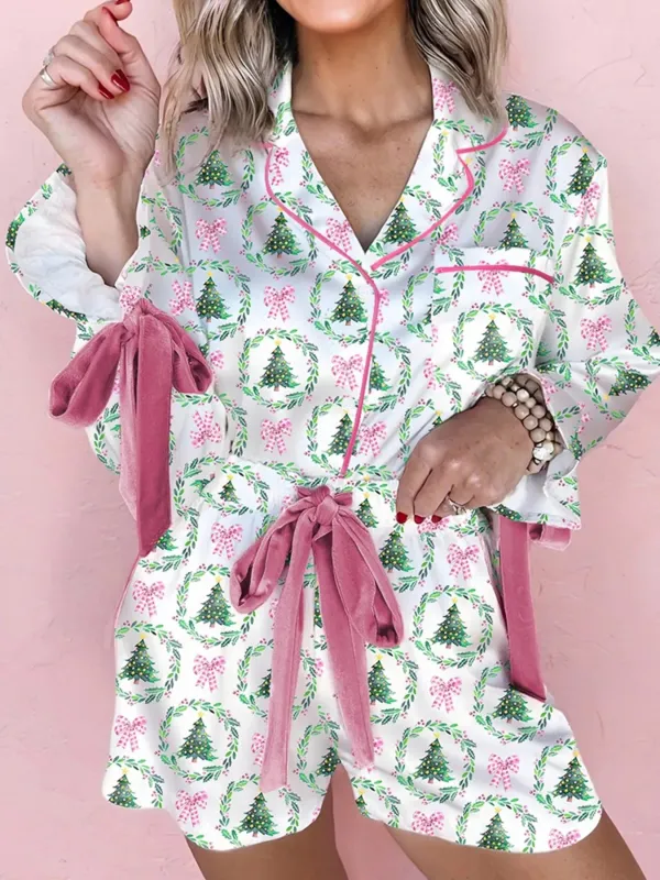 Christmas Print Velvet Trim Bow Knot Top and Shorts 2pcs Set sold by Charming Charlie