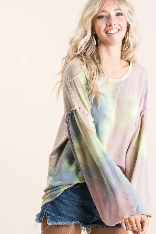 BiBi Tie Dye French Terry Sweatshirt With Bubble Sleeves sold by Charming Charlie product image thumbnail 2