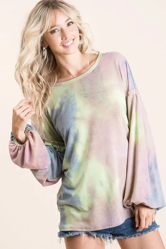 BiBi Tie Dye French Terry Sweatshirt With Bubble Sleeves sold by Charming Charlie product image thumbnail 4