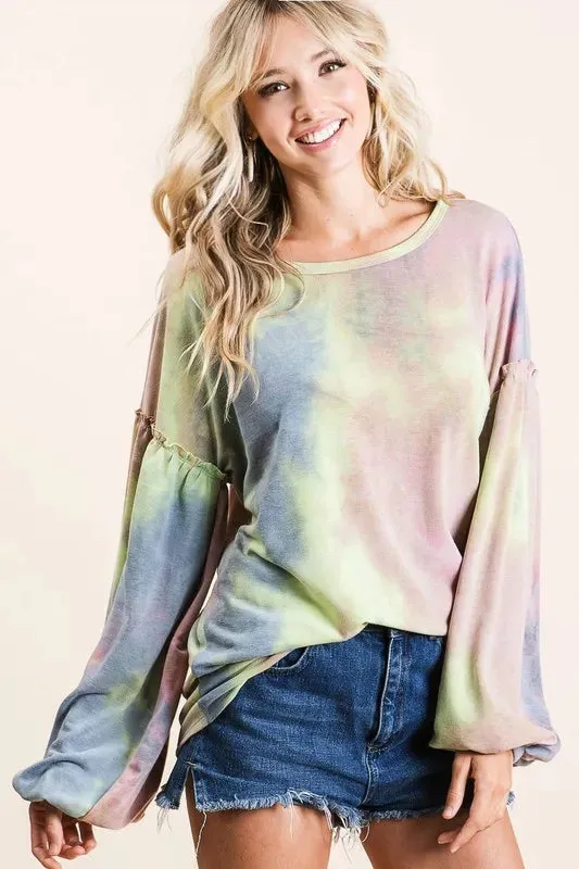 BiBi Tie Dye French Terry Sweatshirt With Bubble Sleeves sold by Charming Charlie