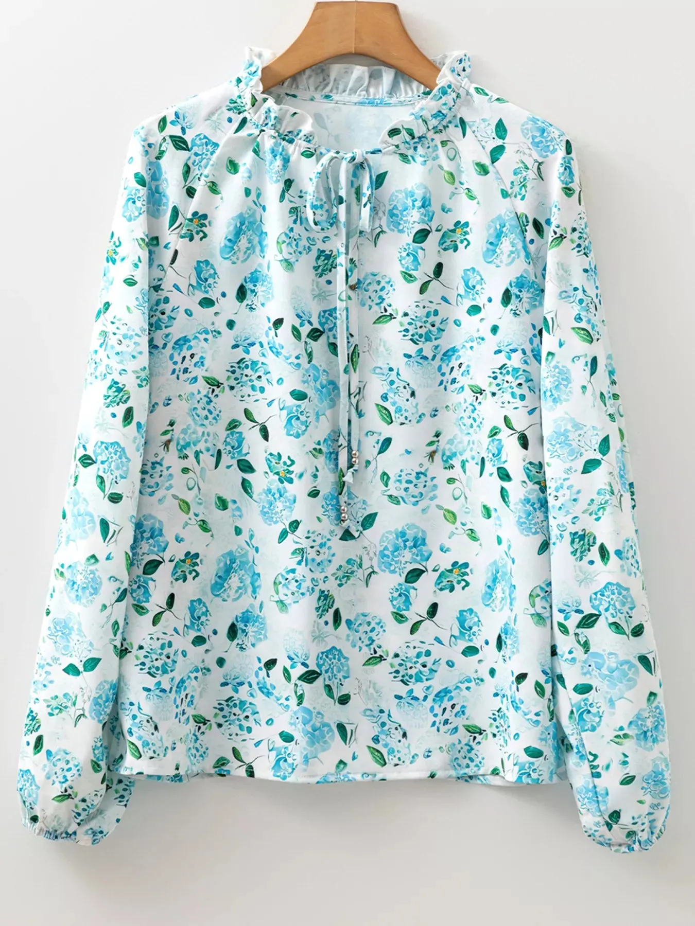 Floral Print Frilled Trim Tie Neck Elastic Cuffs Long Sleeve Blouse sold by Charming Charlie product image thumbnail 3