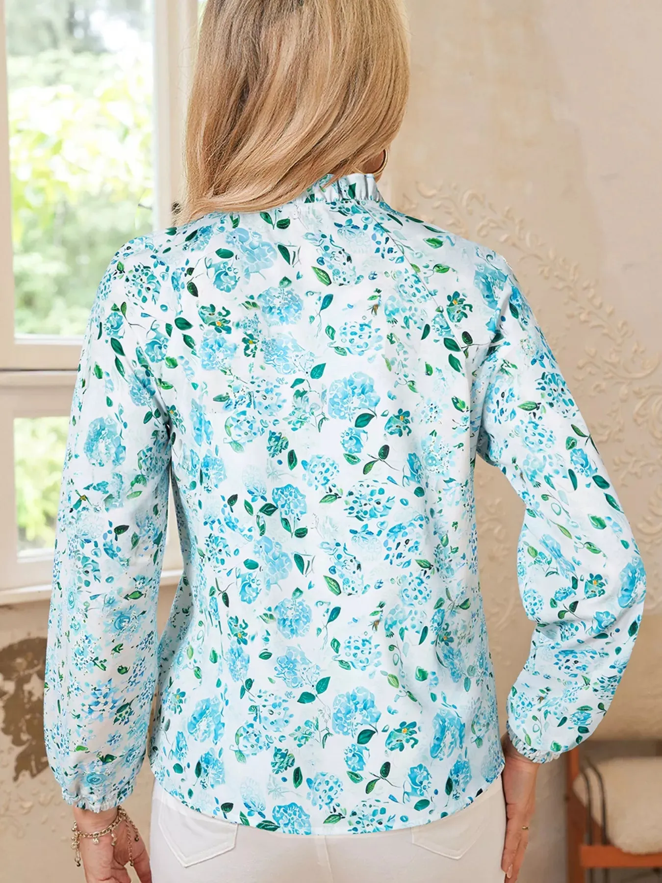Floral Print Frilled Trim Tie Neck Elastic Cuffs Long Sleeve Blouse sold by Charming Charlie product image thumbnail 2