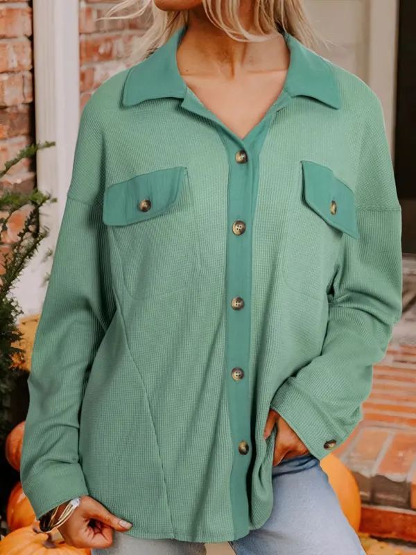 Waffle Knit Vintage Patchwork Button Up Loose Shirt sold by Charming Charlie