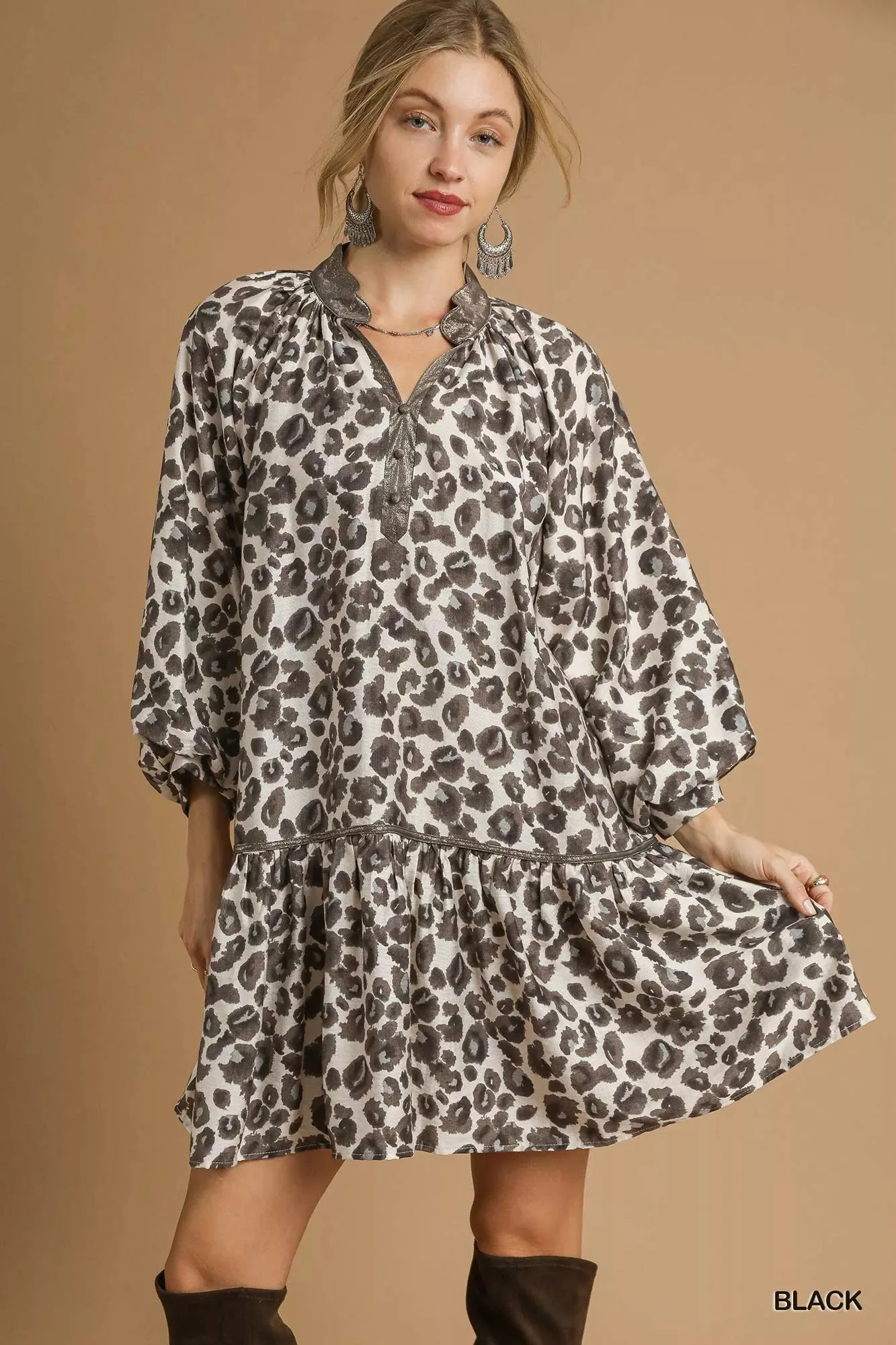 Umgee Leopard Print Tiered Mini Dress sold by Charming Charlie