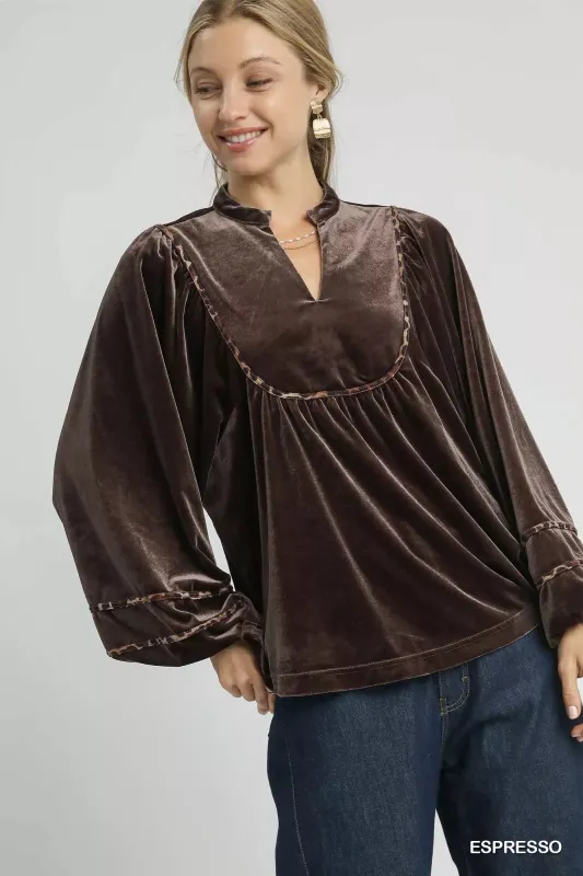 Umgee Velvet Long Sleeve Blouse with Contrast Trim sold by Charming Charlie