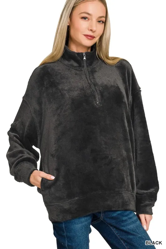 Zenana Faux Fur Half Zip Pocket Pullover sold by Charming Charlie