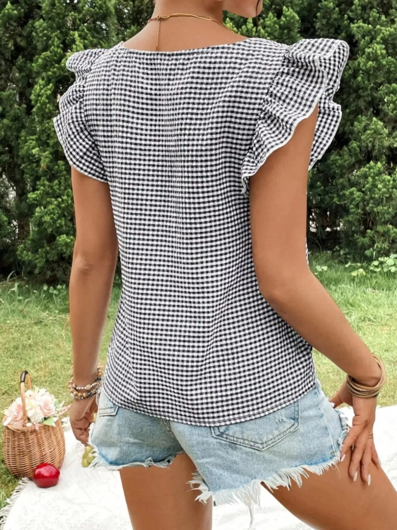 Gingham Ruffle Sleeve Square Neck Blouse sold by Charming Charlie product image thumbnail 2
