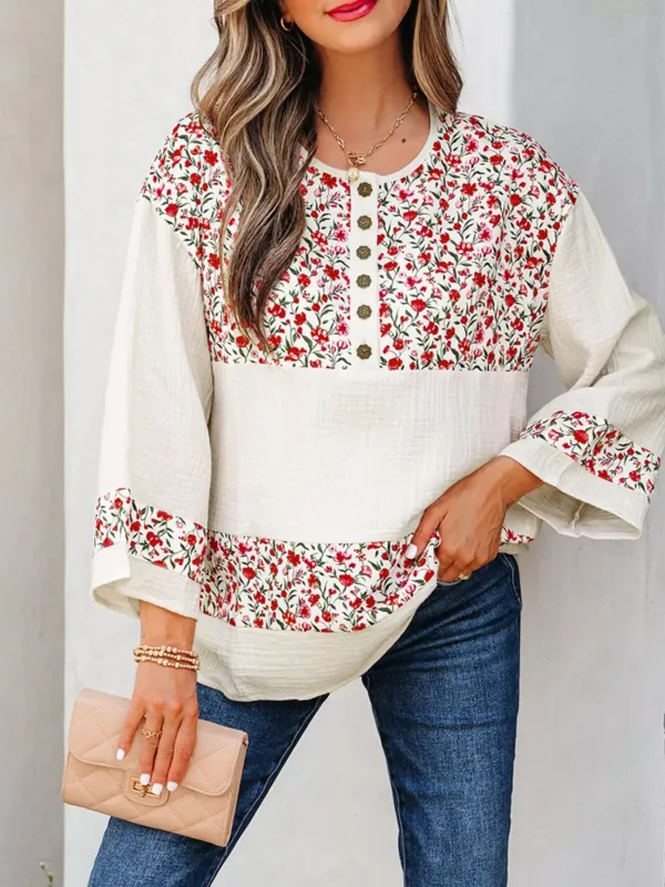 Floral Print Henley Button 3/4 Sleeve Blouse sold by Charming Charlie