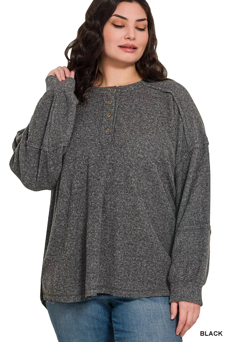 Zenana Full Size Ribbed Brushed Hacci Melange Henley Sweater Plus Size sold by Charming Charlie product image thumbnail 3