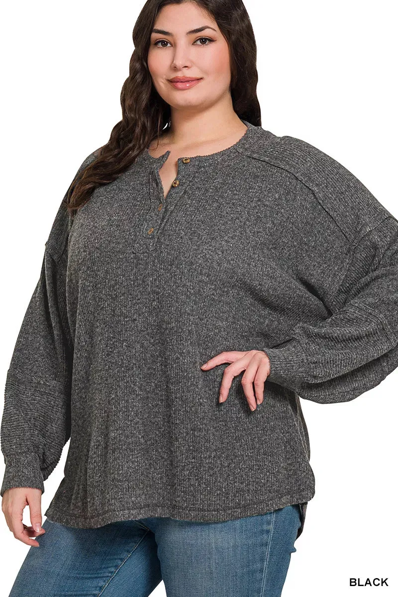Zenana Full Size Ribbed Brushed Hacci Melange Henley Sweater Plus Size sold by Charming Charlie product image thumbnail 4