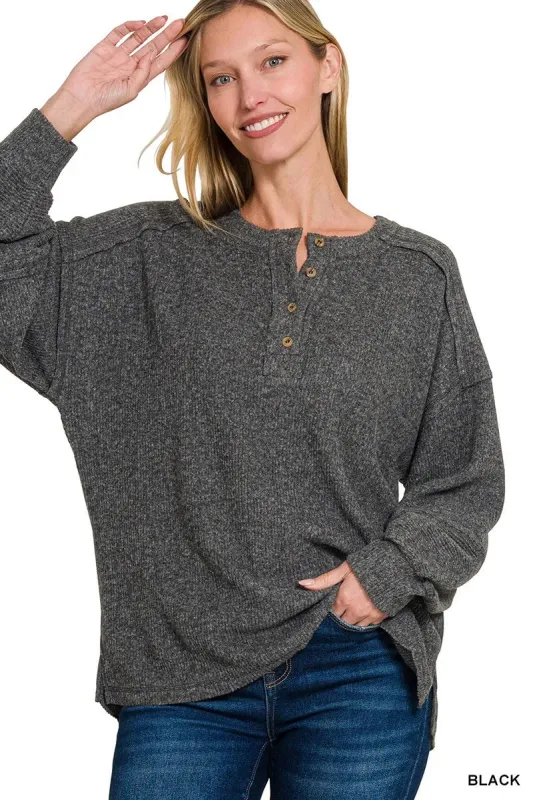 Zenana Full Size Ribbed Brushed Hacci Melange Henley Sweater Plus Size sold by Charming Charlie