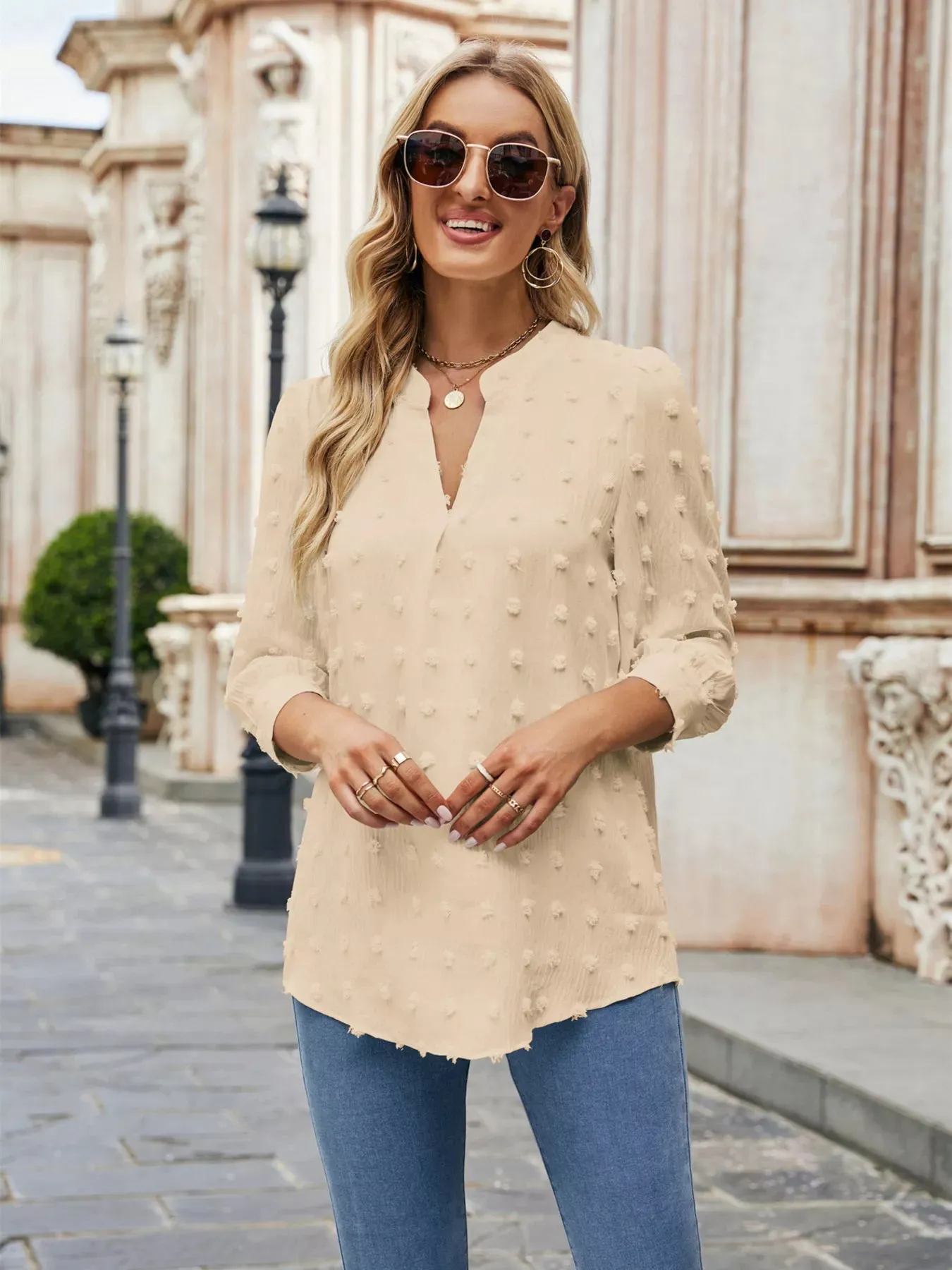 Swiss Dot Notched 3/4 Sleeve Blouse sold by Charming Charlie product image thumbnail 4