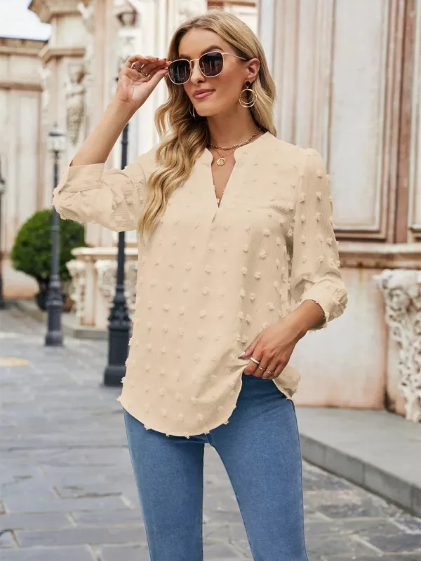 Swiss Dot Notched 3/4 Sleeve Blouse sold by Charming Charlie