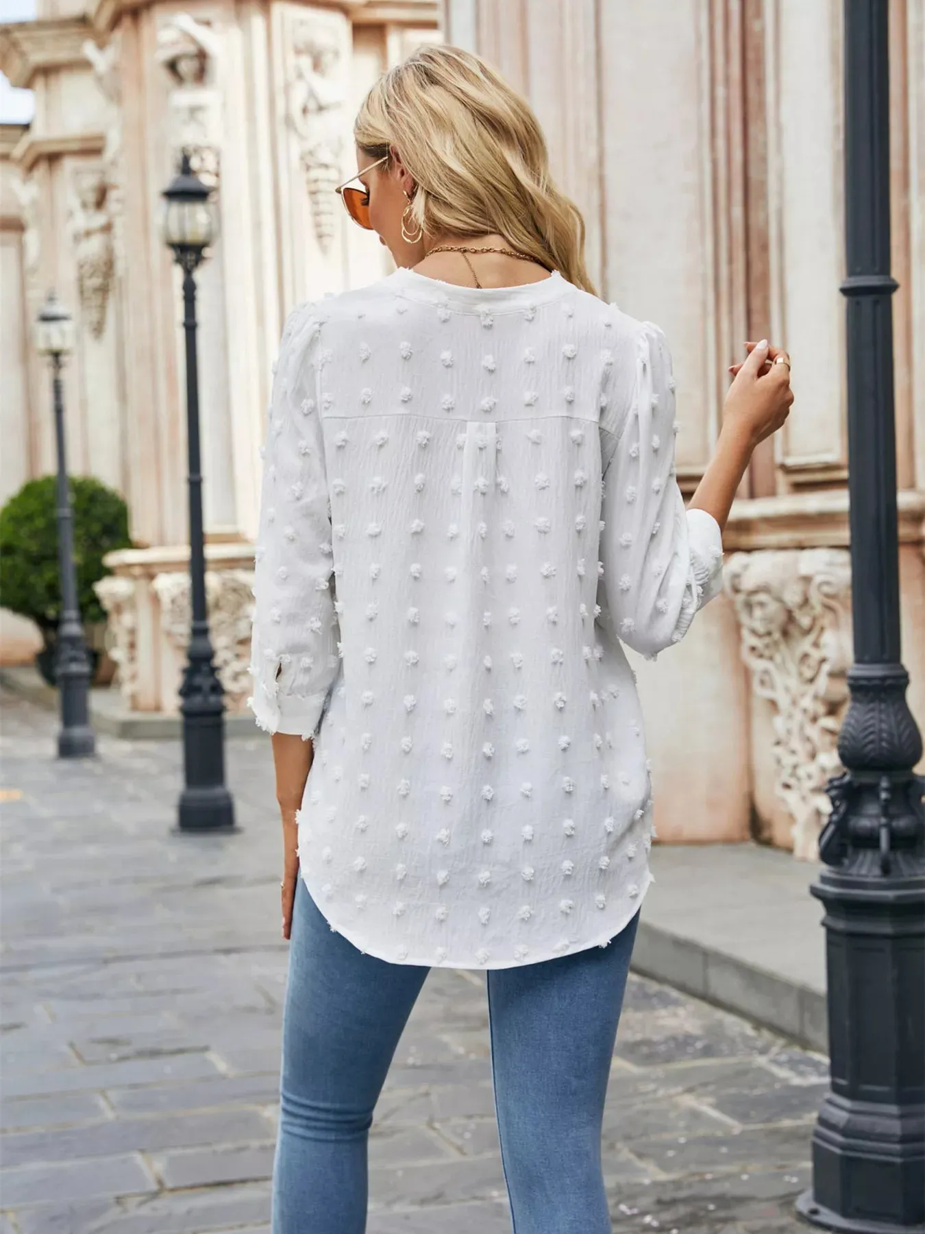 Swiss Dot Notched 3/4 Sleeve Blouse sold by Charming Charlie product image thumbnail 5