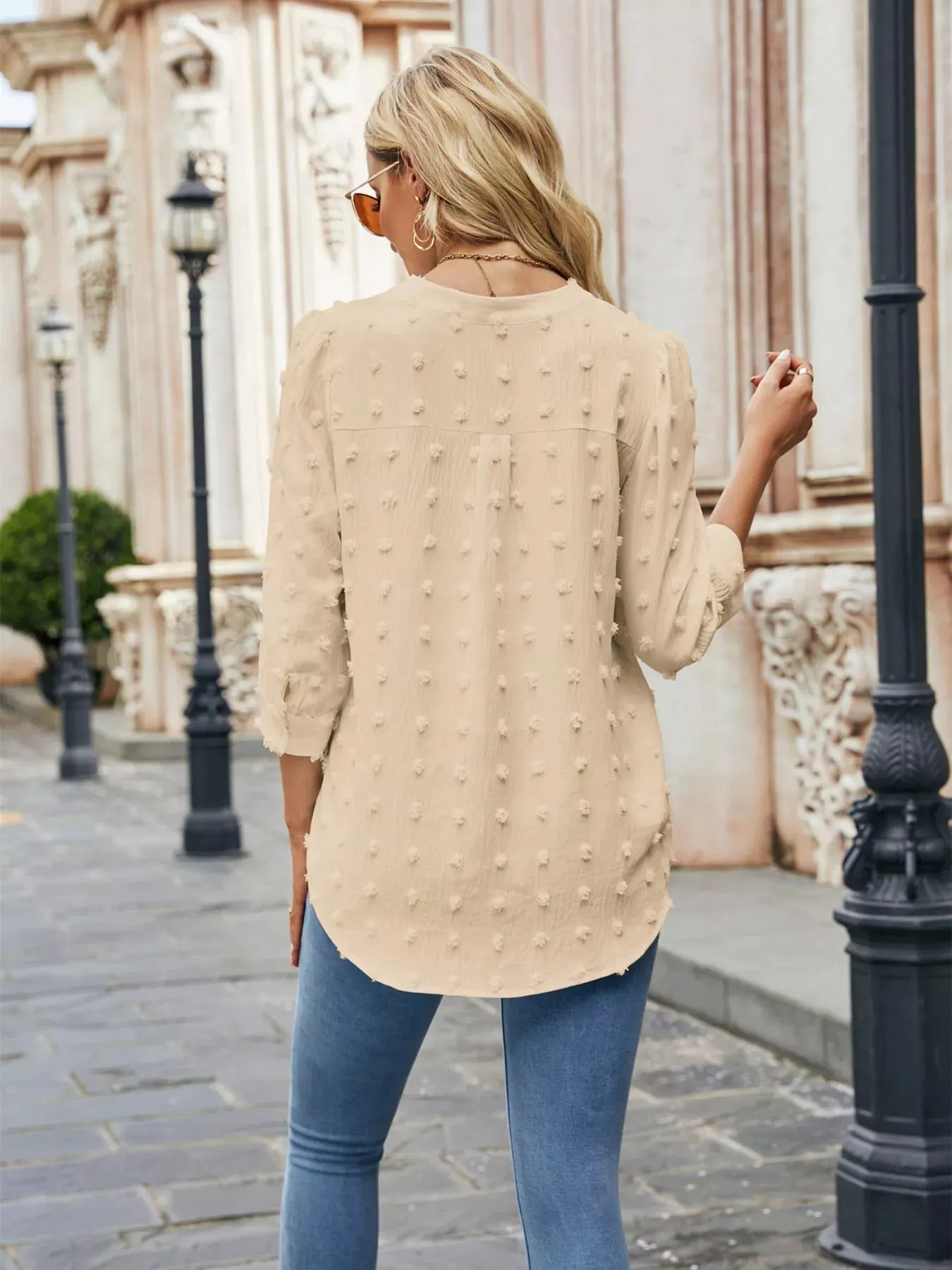 Swiss Dot Notched 3/4 Sleeve Blouse sold by Charming Charlie product image thumbnail 2