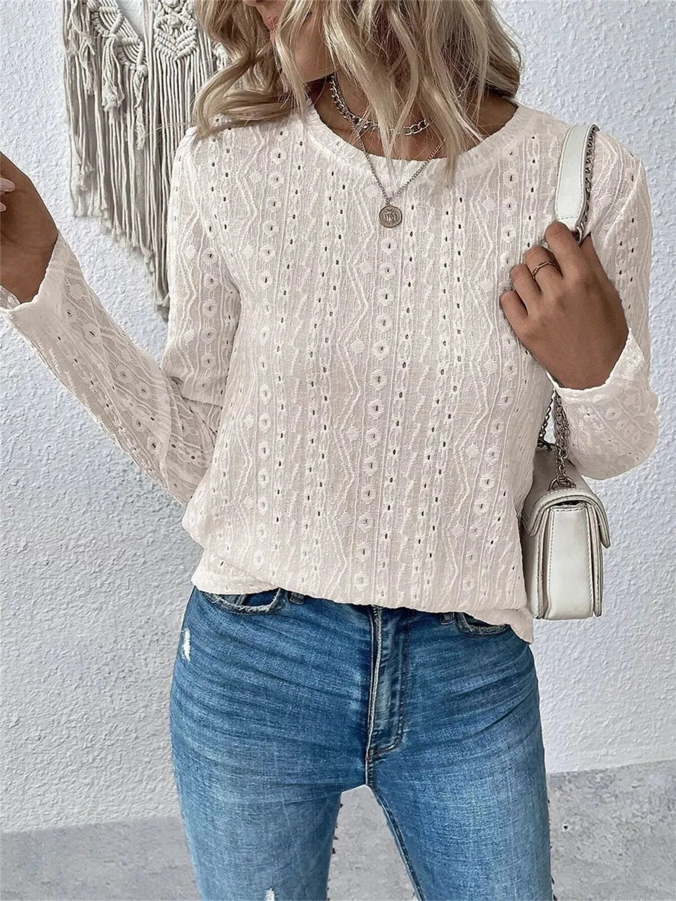 Full Size Eyelet Round Neck Long Sleeve Blouse Plus Size sold by Charming Charlie product image thumbnail 2