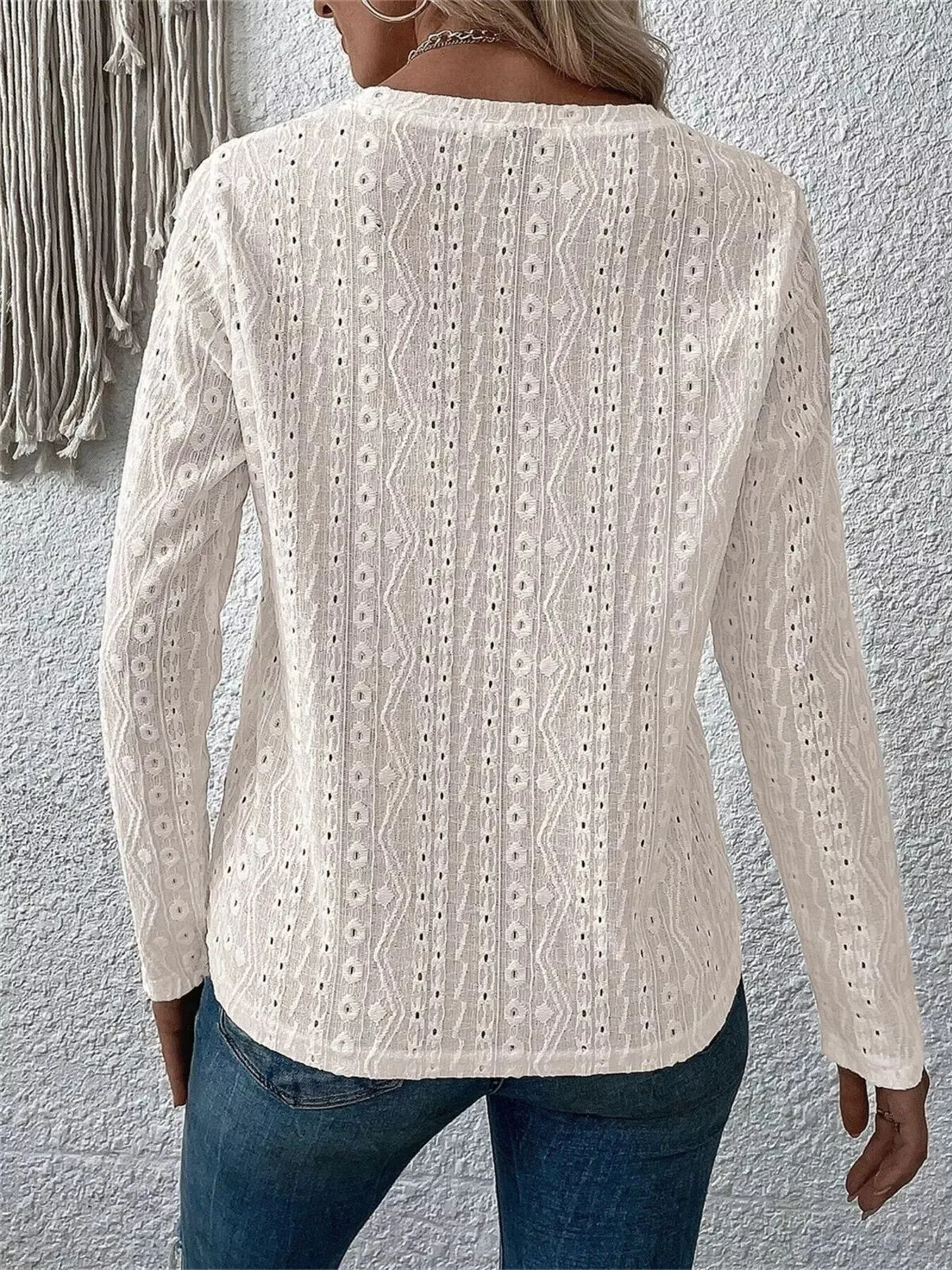 Full Size Eyelet Round Neck Long Sleeve Blouse Plus Size sold by Charming Charlie product image thumbnail 3