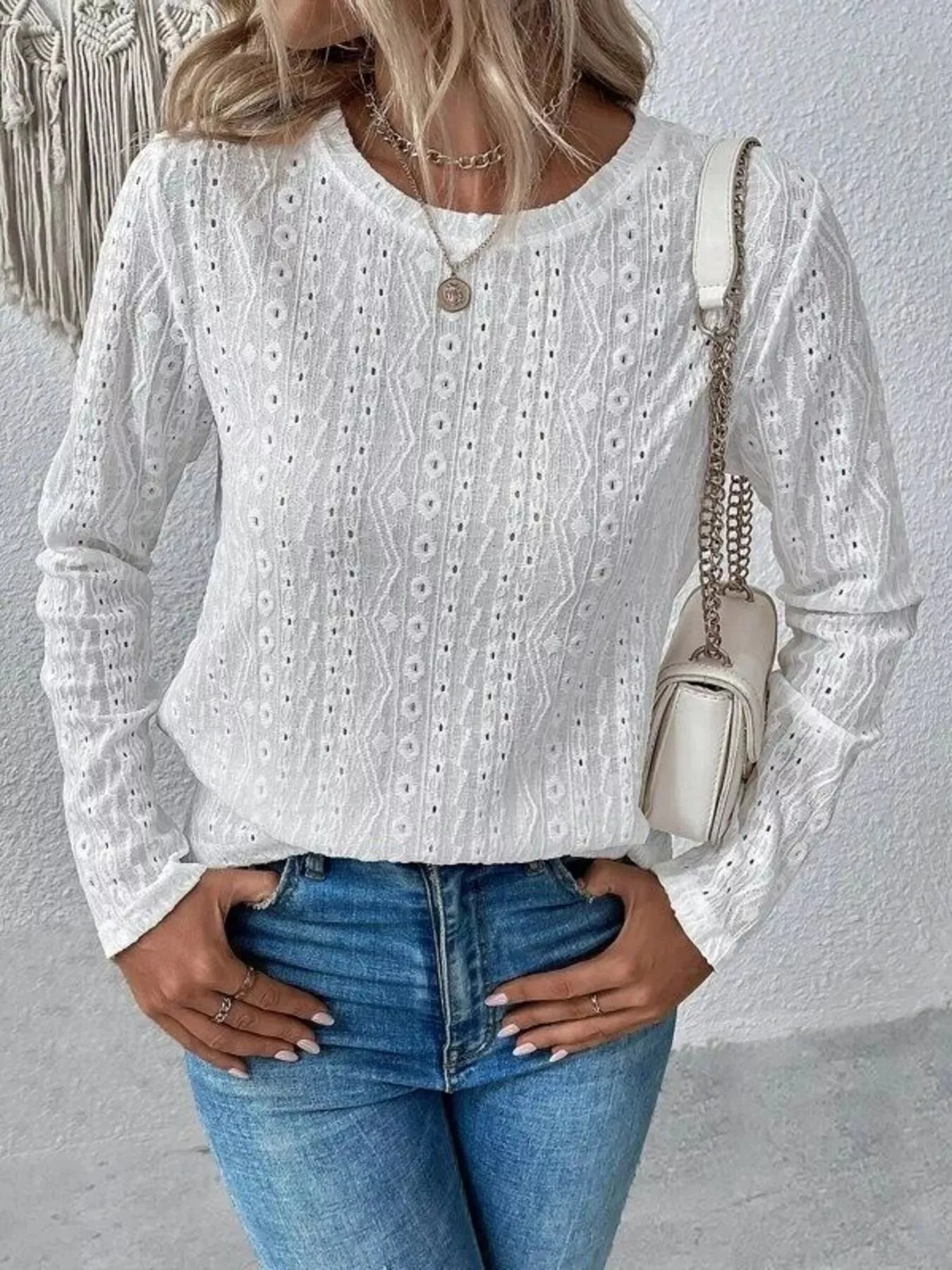 Full Size Eyelet Round Neck Long Sleeve Blouse Plus Size sold by Charming Charlie product image thumbnail 4