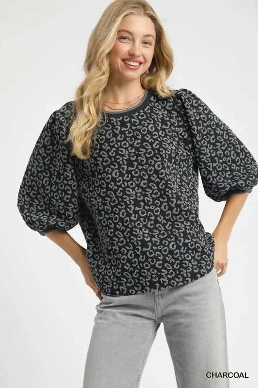 Umgee Leopard Print Jacquard Blouse with Puff Sleeves made by Trendsi