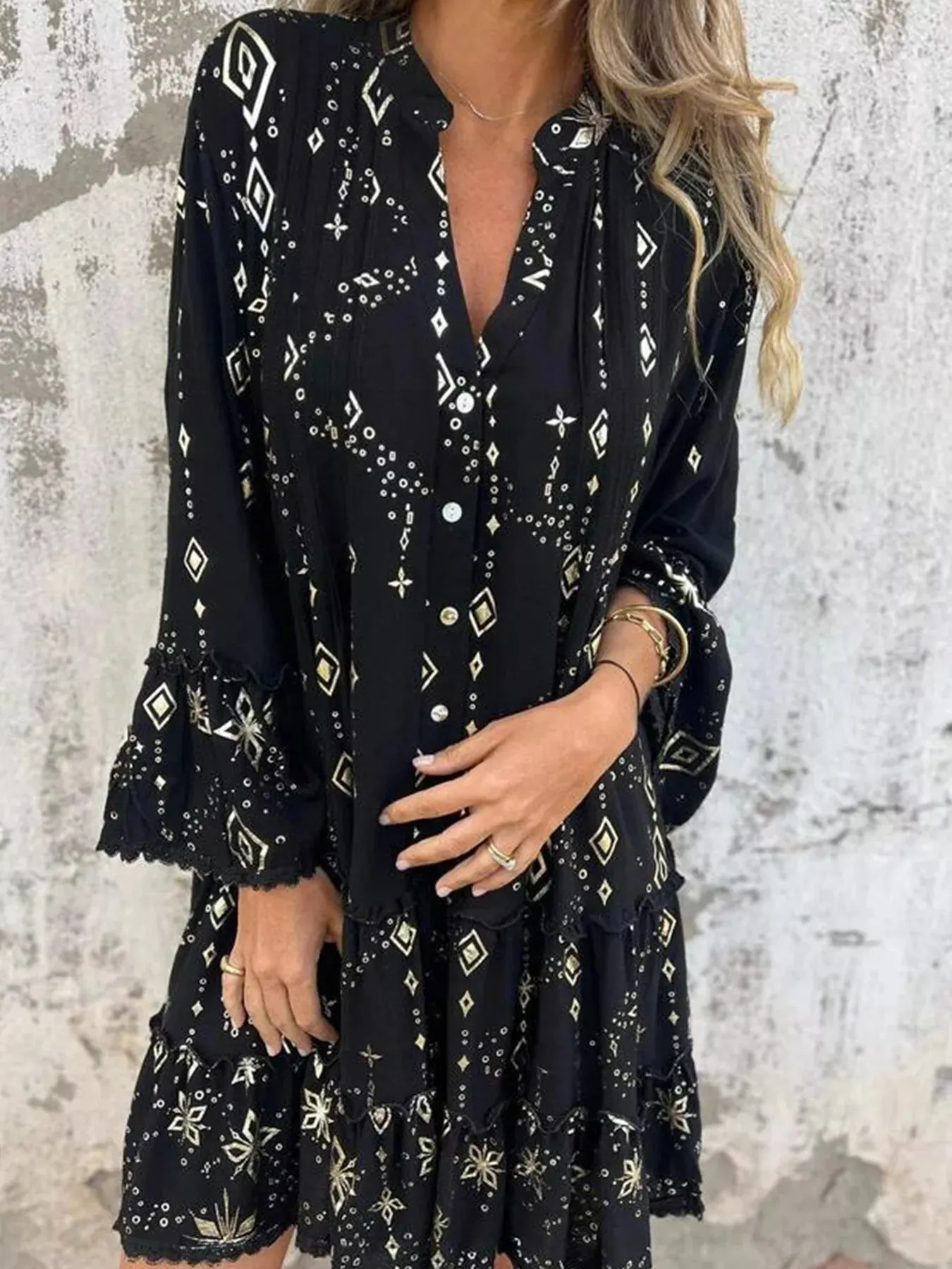 Full Size Printed Notched Flare Sleeve Dress Plus Size sold by Charming Charlie product image thumbnail 4