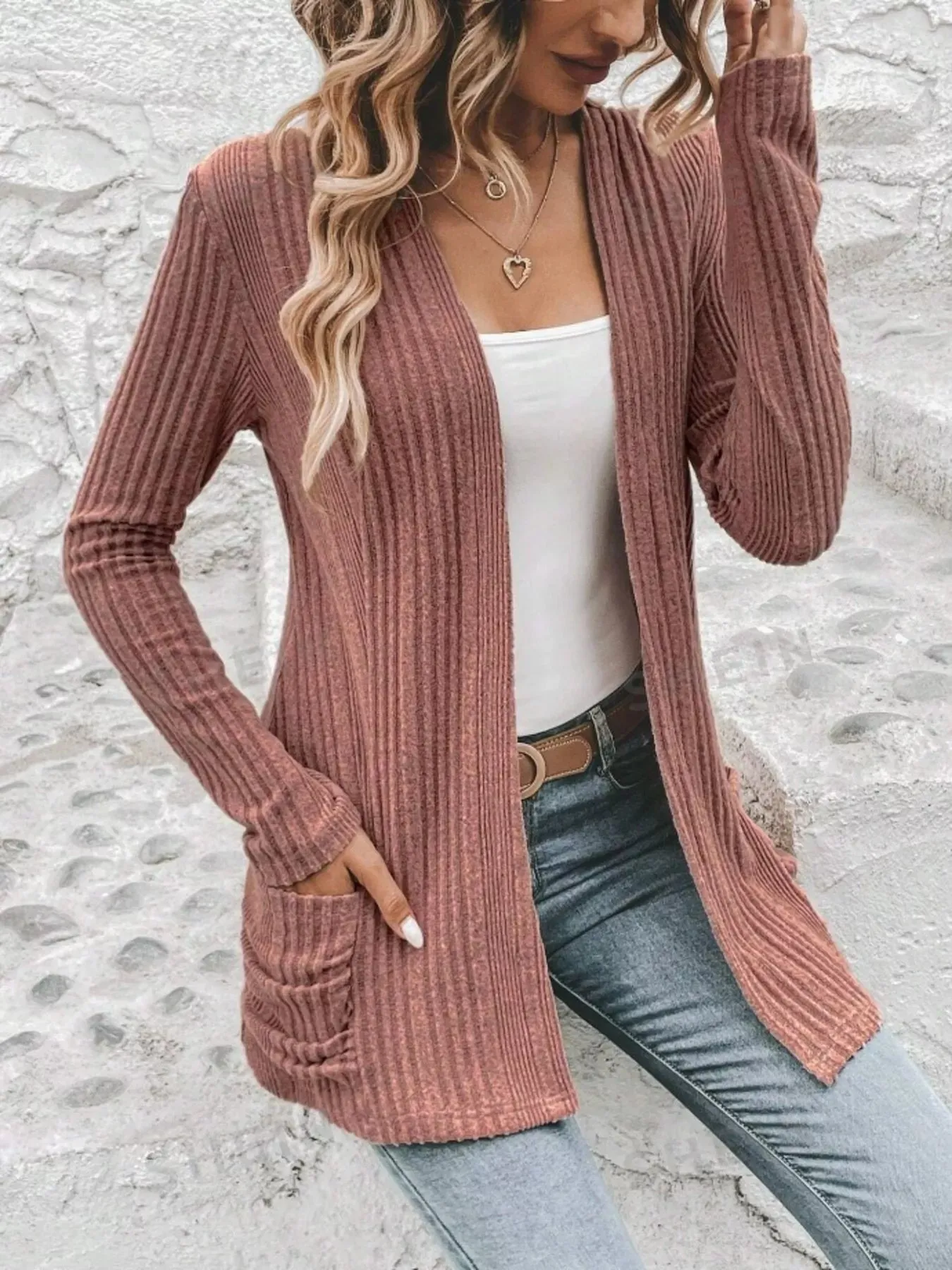 Ribbed Open Front Long Cardigan with Pockets sold by Charming Charlie product image thumbnail 3