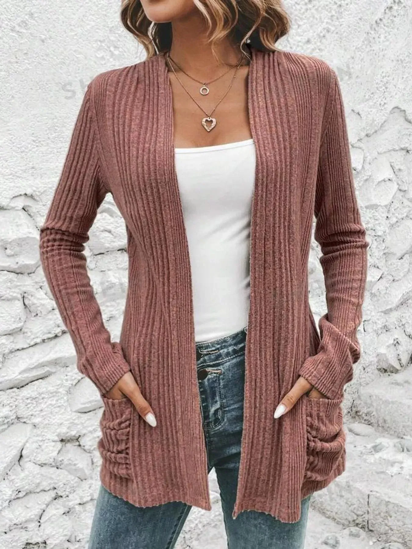 Ribbed Open Front Long Cardigan with Pockets sold by Charming Charlie product image thumbnail 4
