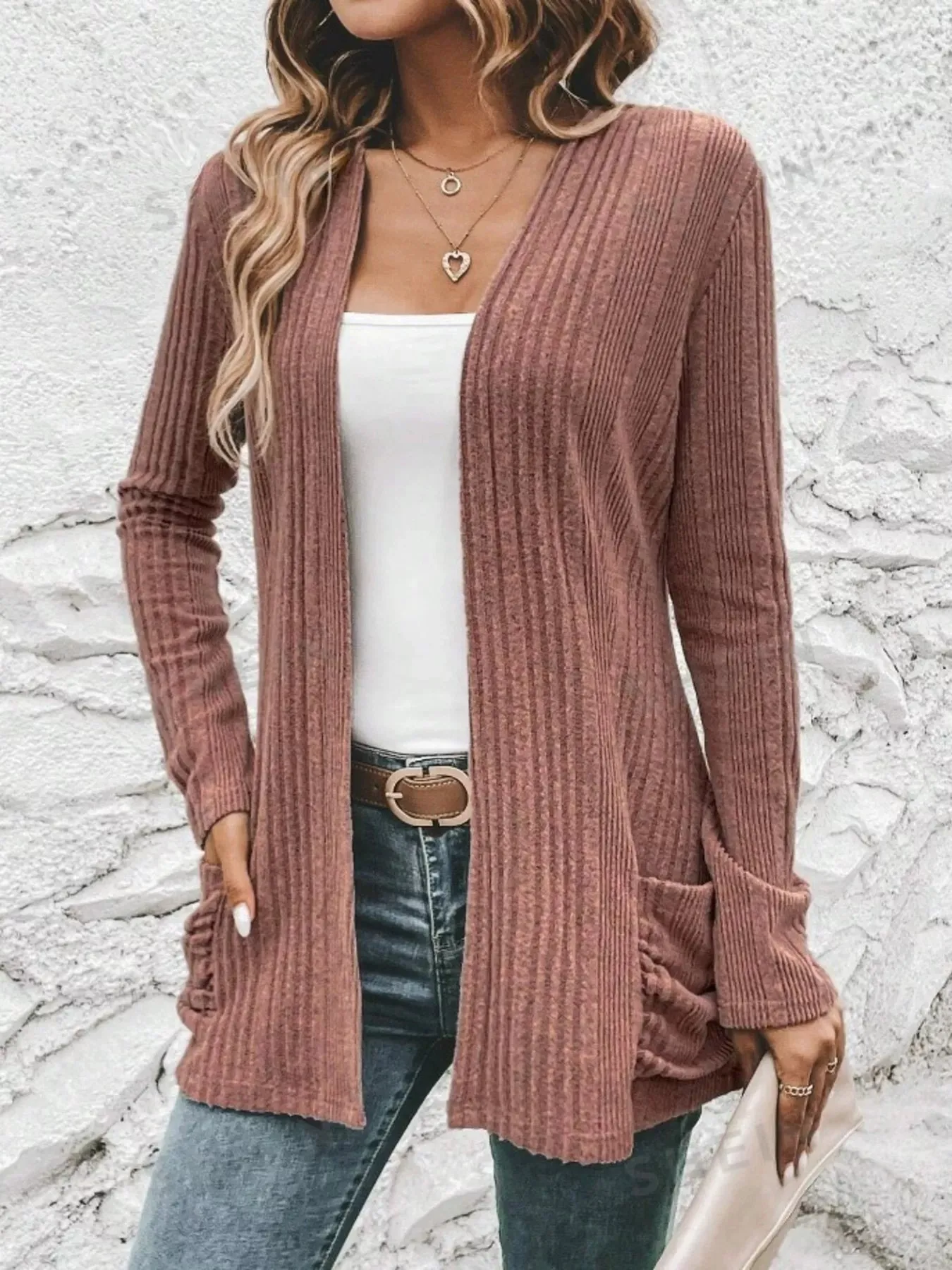 Ribbed Open Front Long Cardigan with Pockets sold by Charming Charlie product image thumbnail 5